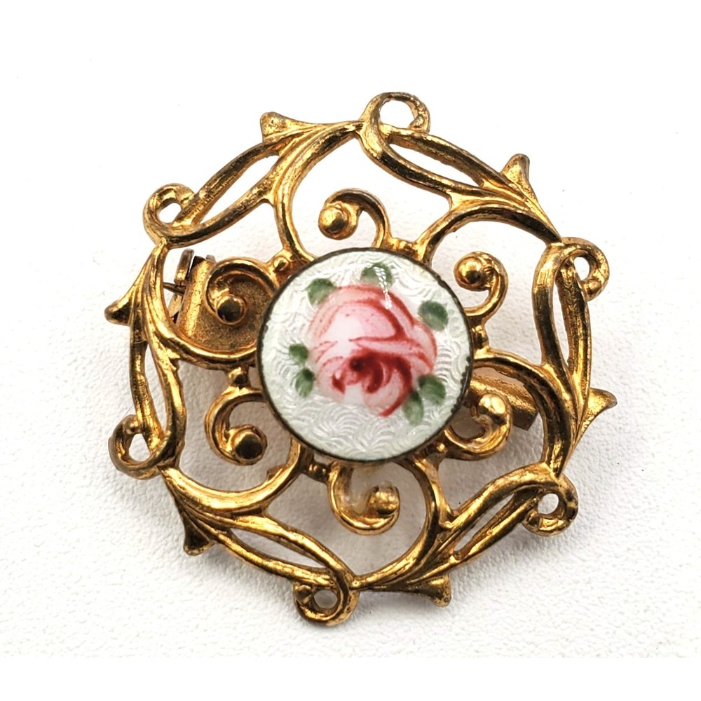Vintage Guilloche Enamel Rose Brooch Gold Tone Openwork Filigree Floral Pin
